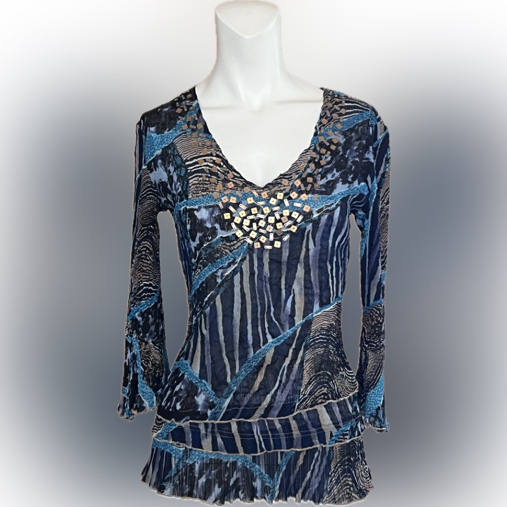 Alberto Makali SZ S Long Sleeve Crepe Semi Sheer Animal Print Blue Blouse Sequin